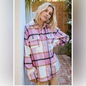 Like new! Lulu’s Choose Your Vibe Pink Plaid Button-Up Shacket with pockets